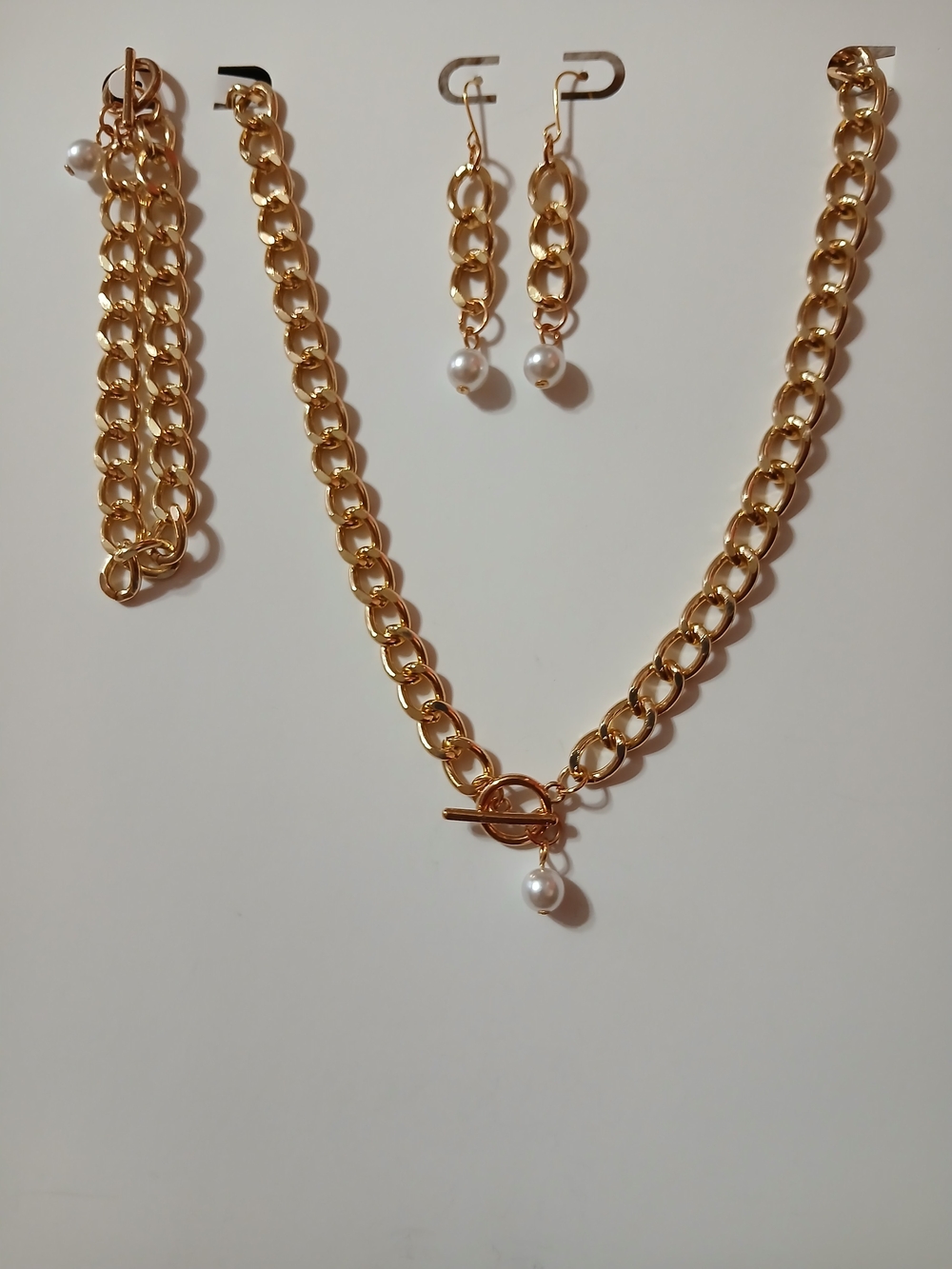 Gold Chain Necklace, Bracelet  & Earring Set with Pearl Drop